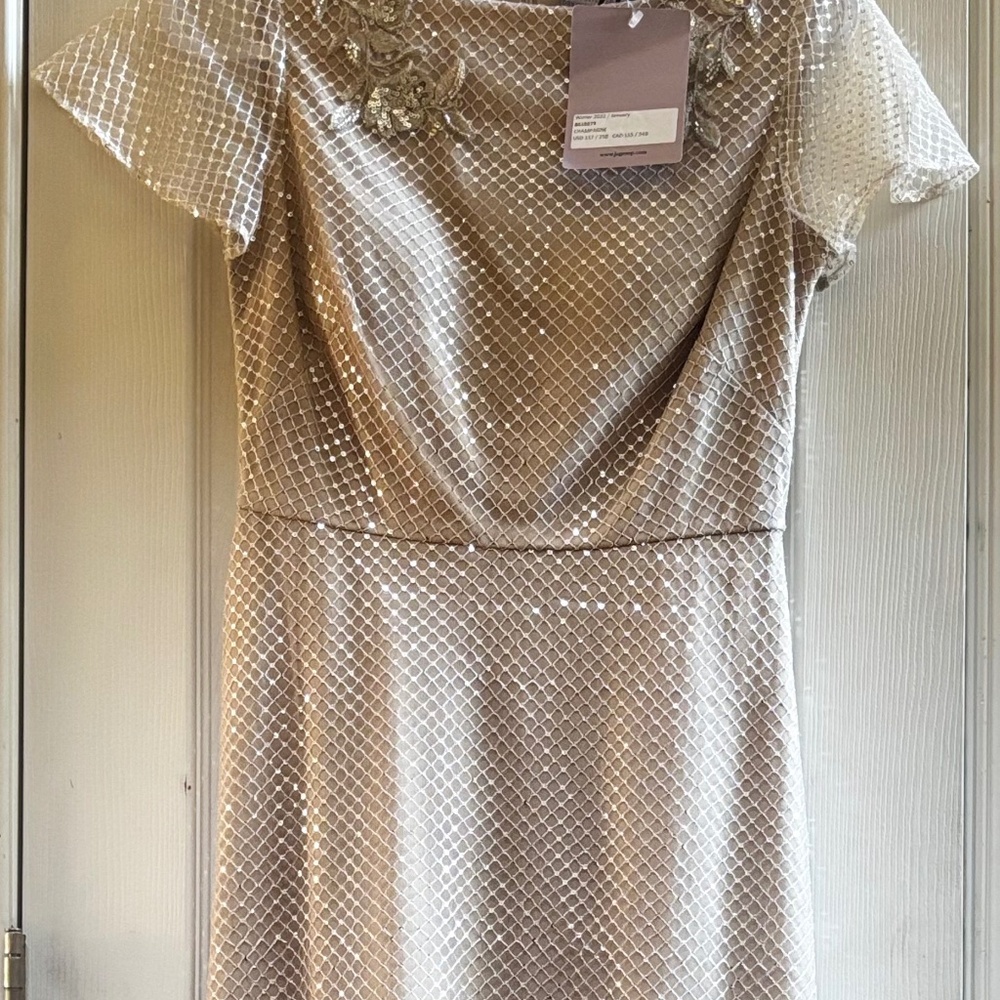 Cream beaded A-line gown by JS Collections.